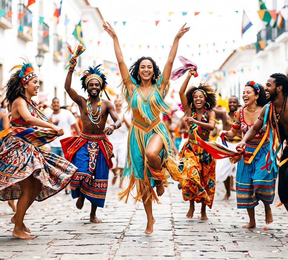 Grupo dançando em uma rua histórica, em trajes coloridos de festa popular brasileira